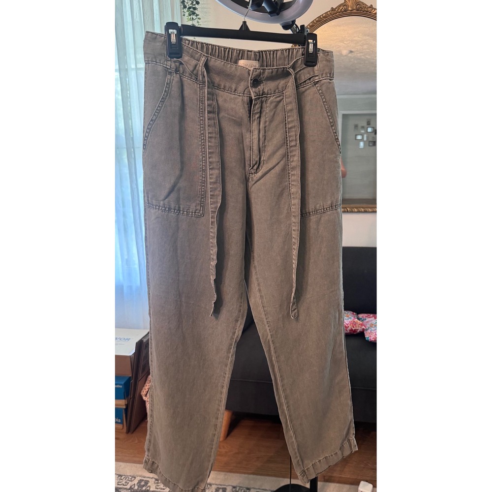 Cynthia Rowley Womens Linen Blend Utility Pants Olive Green Tie Waist Size 10
